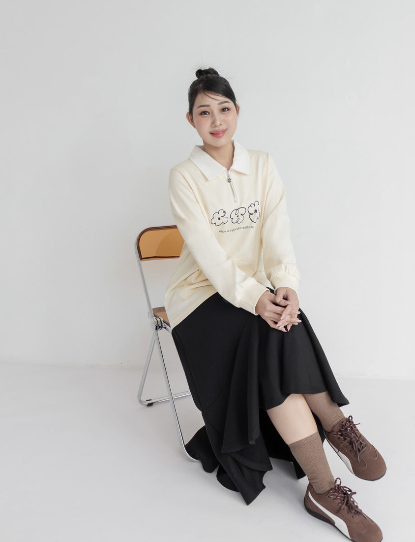 Contrast Collar Floral Print Plus Size Long Sleeve Top
