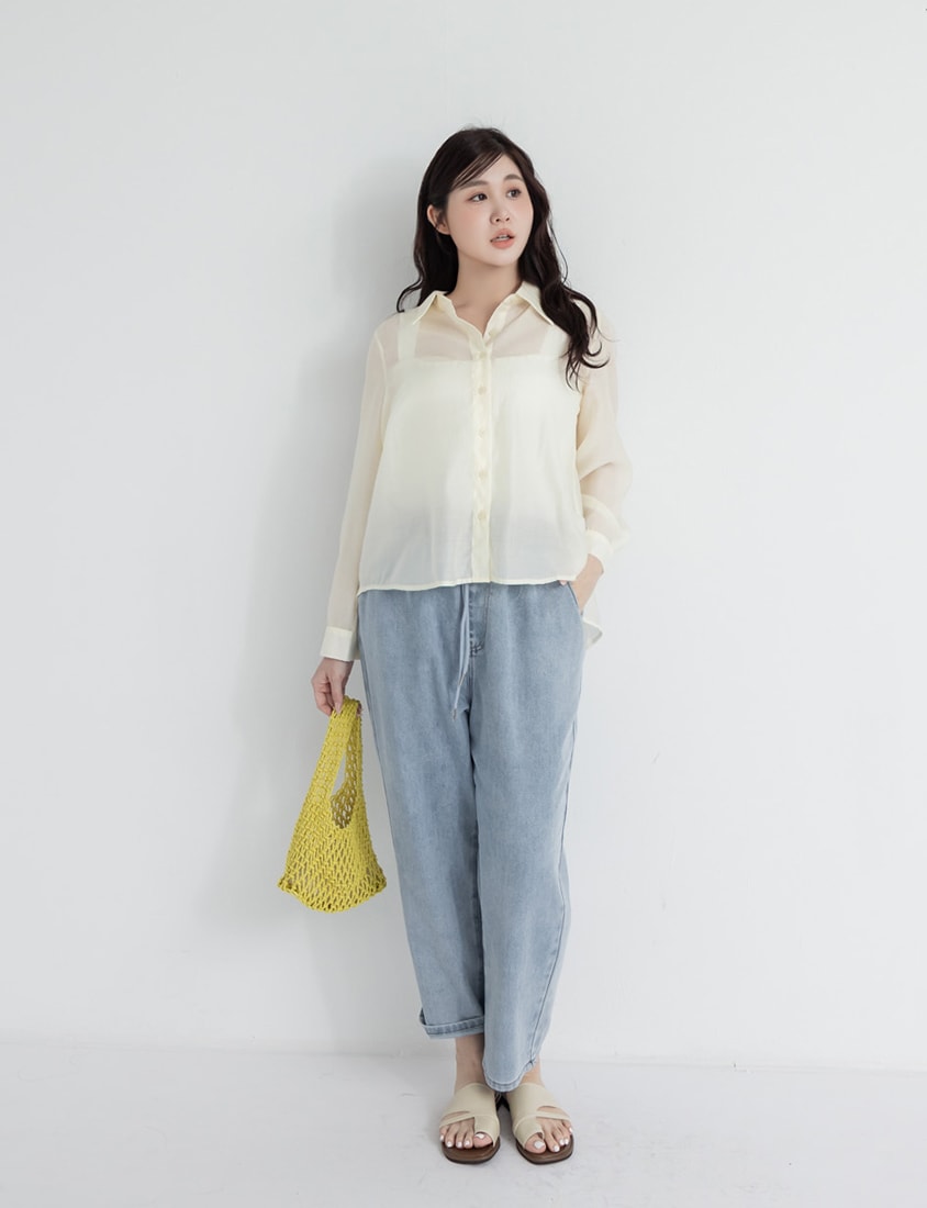 Tencel Silky Sheer Back Slit Tie-Front Plus Size Shirt