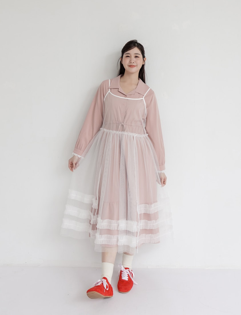 Cuban Collar Drawstring Waist Tiered Plus Size Dress