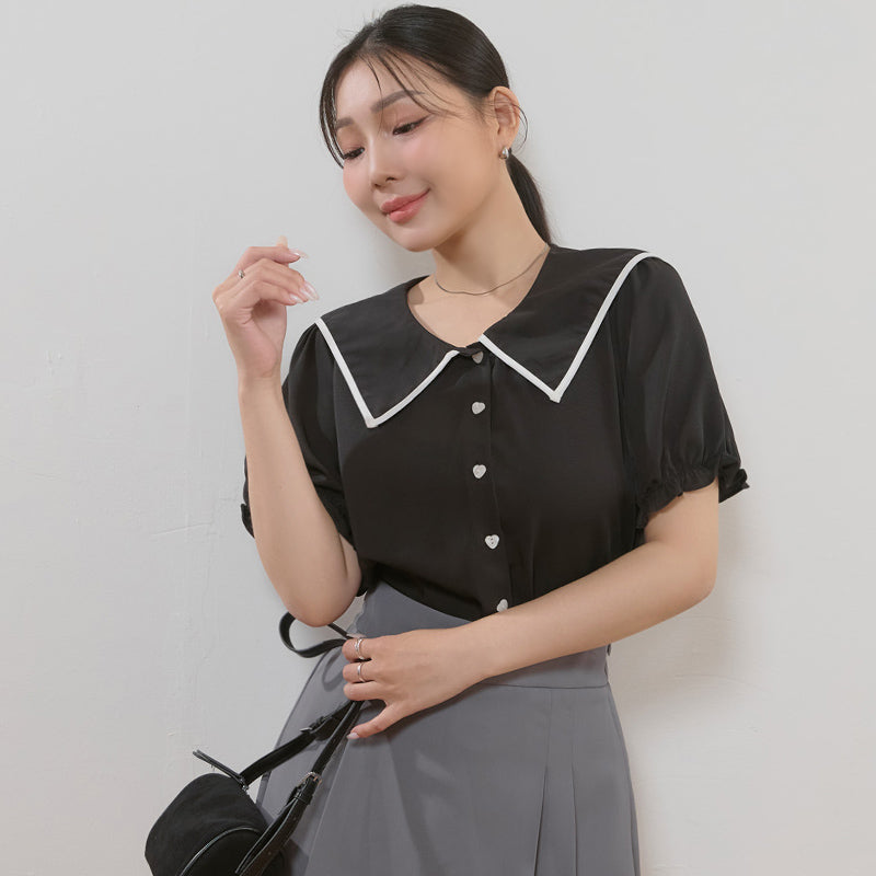 MISS. Contrast Doll Collar Heart Button Plus Size Shirt