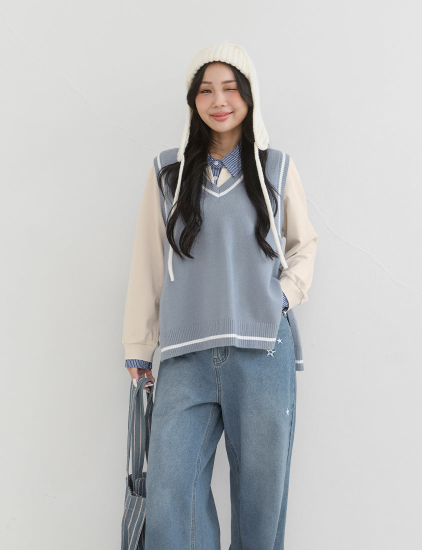Preppy V-Neck Contrast Stripe Knit Plus Size Vest