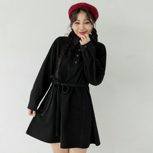 Denim Long Sleeve Tie-Front A-Line Plus Size Mini Dress
