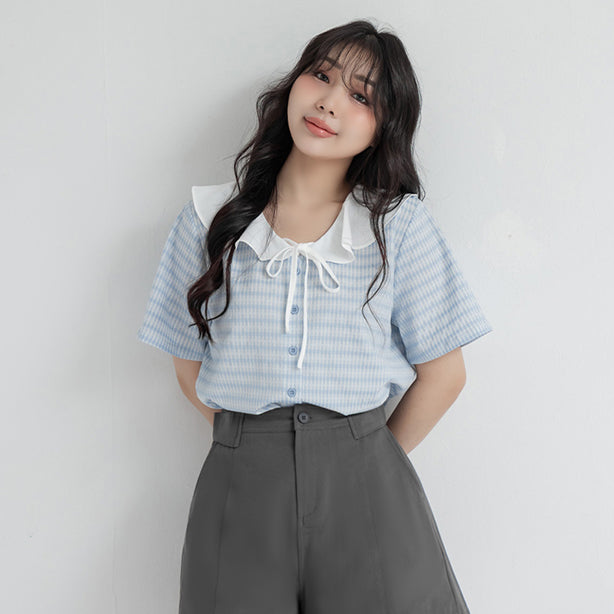 Fresh Contrast Ruffle Plaid Plus Size Shirt