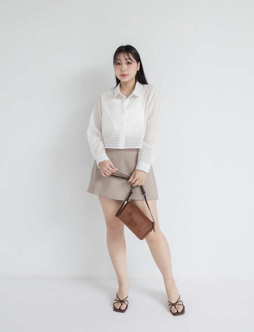 MISS. Sheer Plaid Cropped Plus Size Long Sleeve Shirt