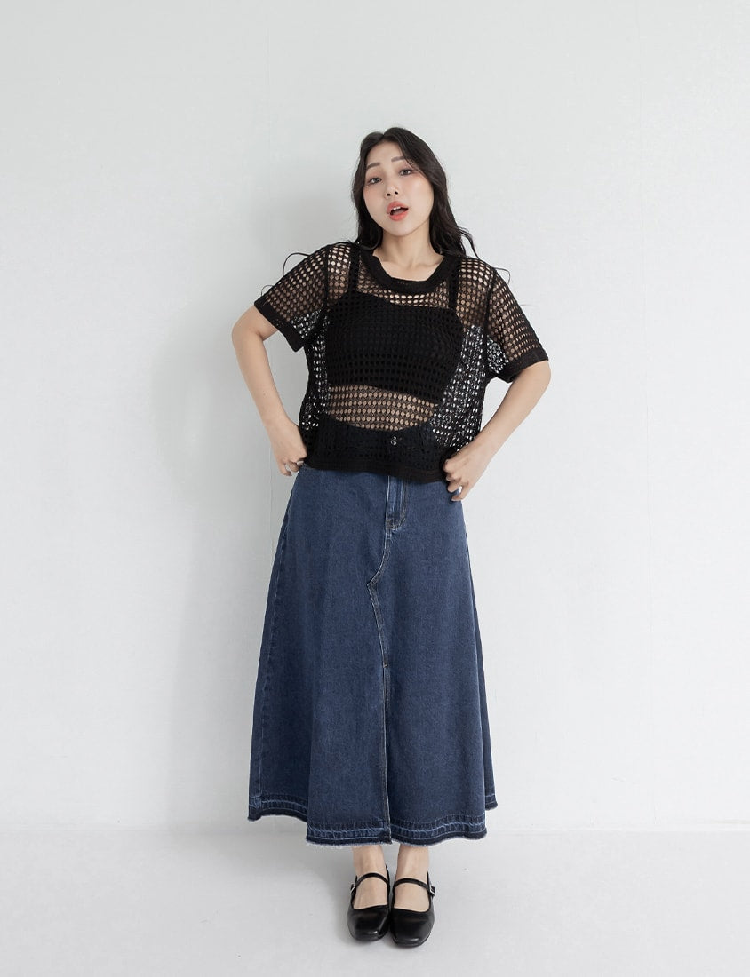 Cooling Tencel Denim Slit Plus Size Maxi Skirt
