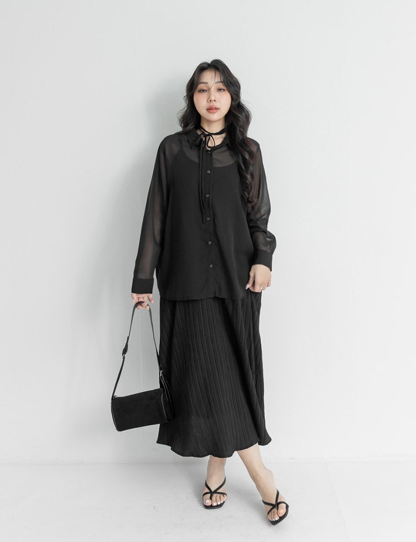 Sheer Shirt With Strap Dress Plus Size Set (With Waist Tie)