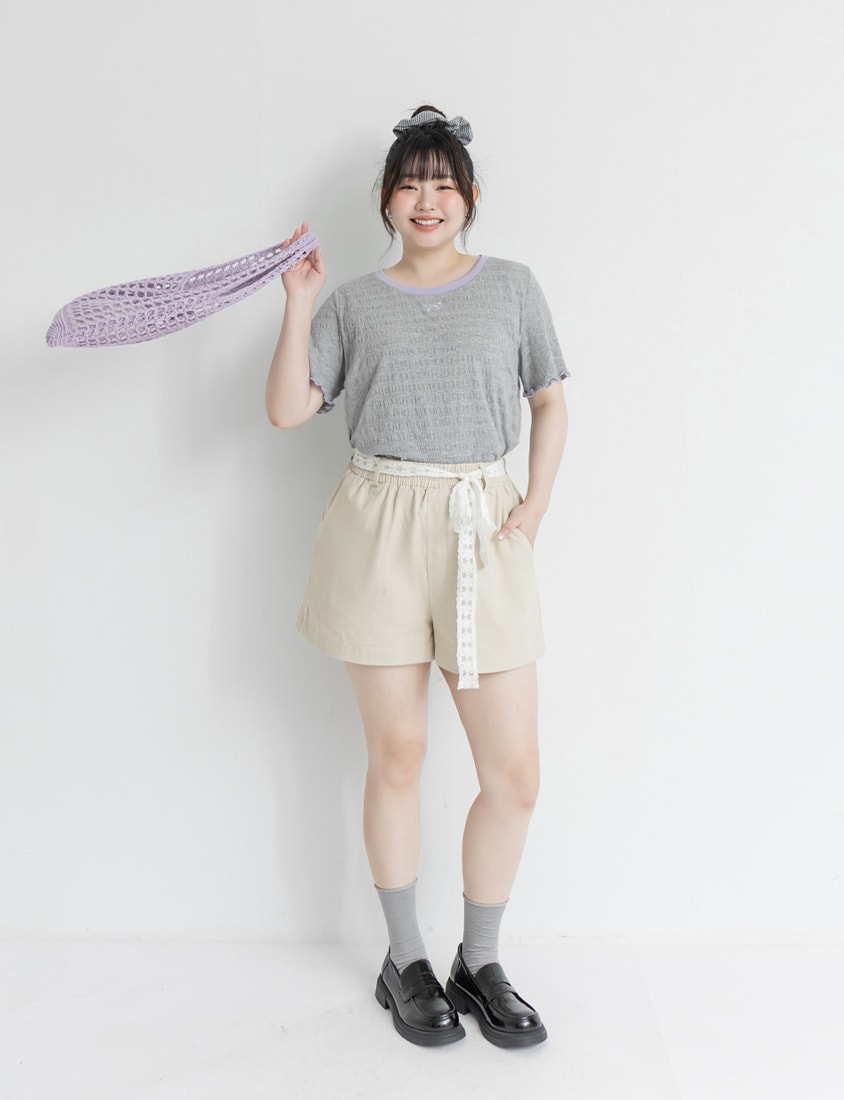 Bow Embroidery Ruffle Crinkle Plus Size Top