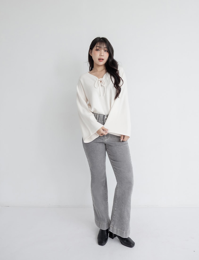 V-Neck Tie Flare Sleeve Plus Size Knit Top