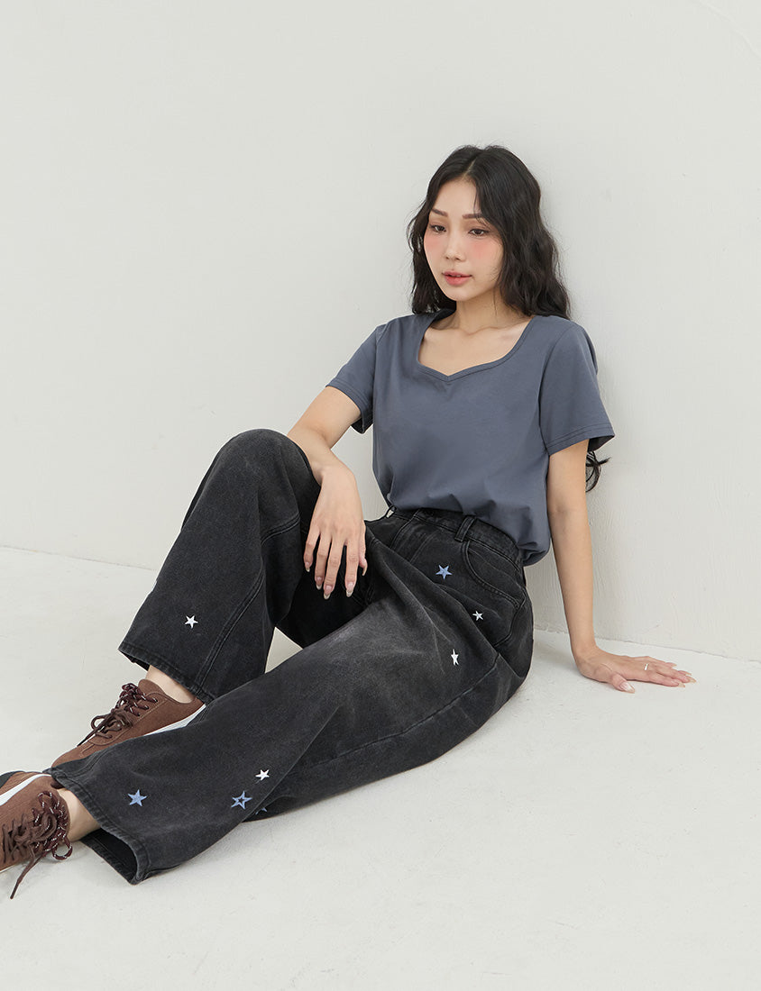 Star Embroidered Denim Plus Size Wide Leg Jeans