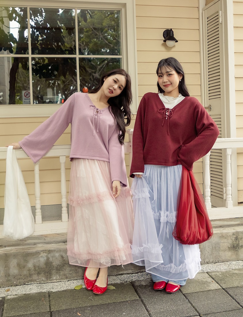 V-Neck Tie Flare Sleeve Plus Size Knit Top