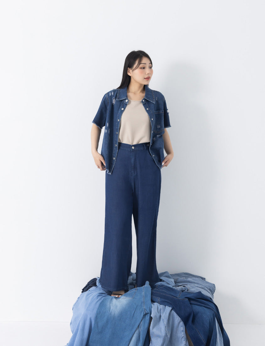 Tencel Silky Denim Distressed Plus Size Shirt Jacket