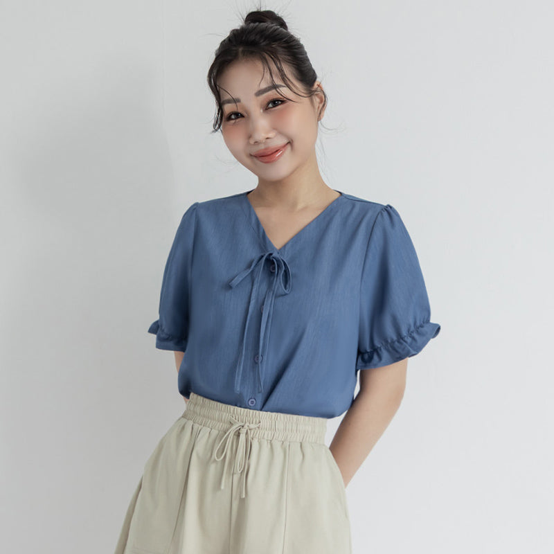 Cooling Tencel Silky Denim-Like Puff Sleeve Plus Size Shirt