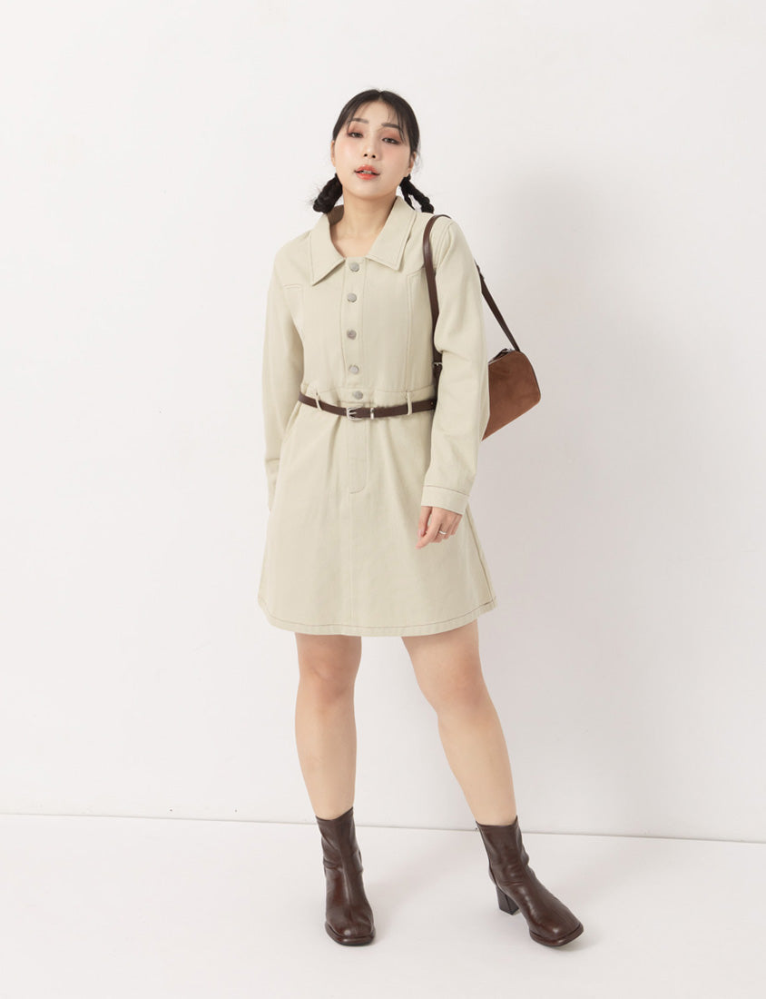 Twill Colorblock Topstitched Button-Up Plus Size Mini Dress (With Belt)