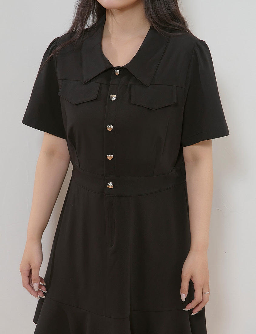 Elegant Heart Button Collar Plus Size Mini Dress