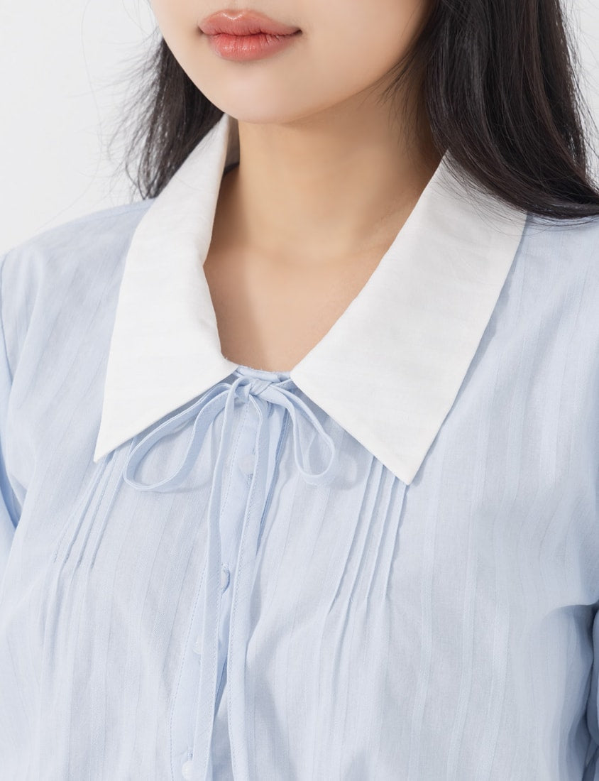 Sweet Pleated Collar Tie-Front Puff Sleeve Plus Size Shirt