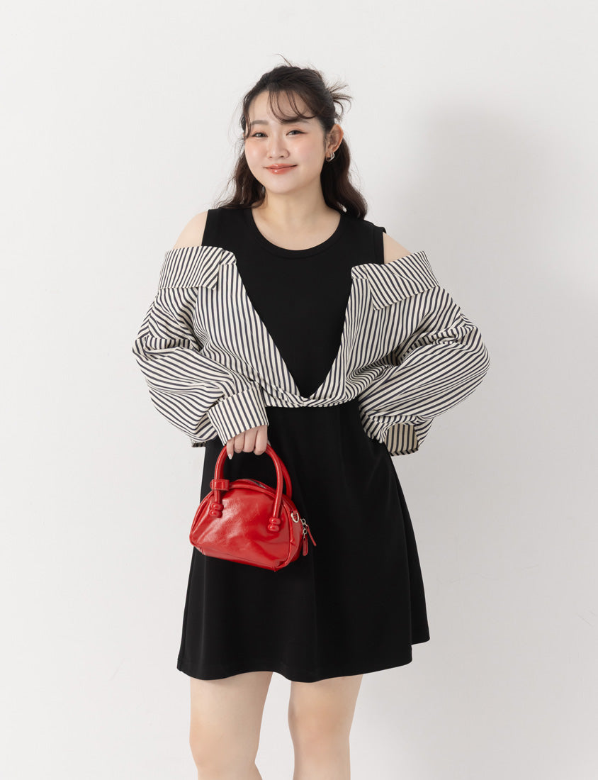 Faux Two Piece Cloud Cotton Contrast Stripe Plus Size Dress