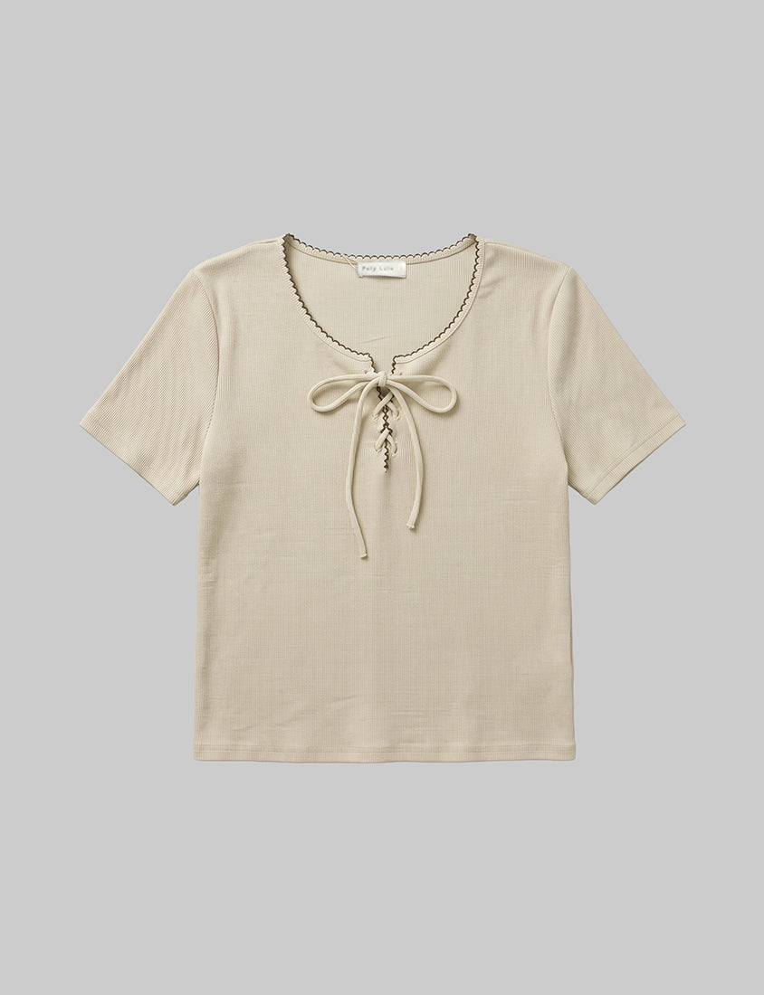Ruffle Trim Ribbed Tie Front Short Sleeve Plus Size Top