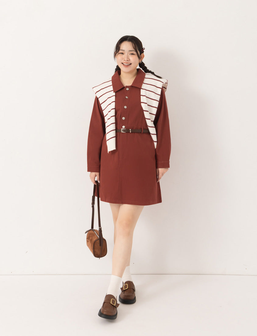 Twill Colorblock Topstitched Button-Up Plus Size Mini Dress (With Belt)