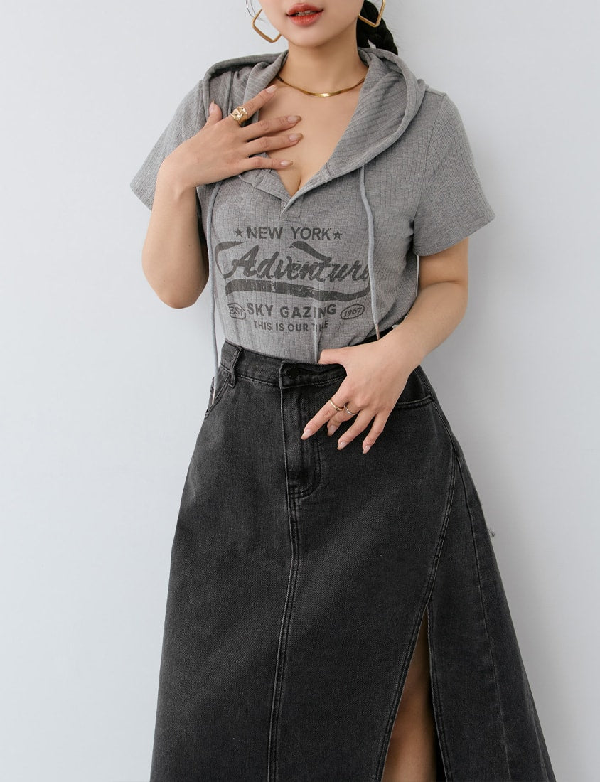 MUA! Hooded Printed Plus Size Ribbed Top