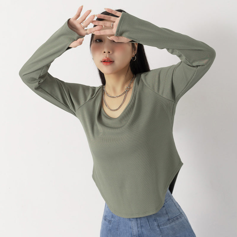 MUA! U-Neck Ribbed Curved Hem Plus Size Long Sleeve Top