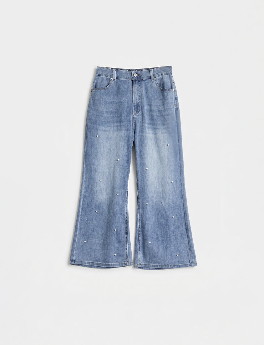 Pearl Embellished Stretch Denim Plus Size Wide Leg Pants