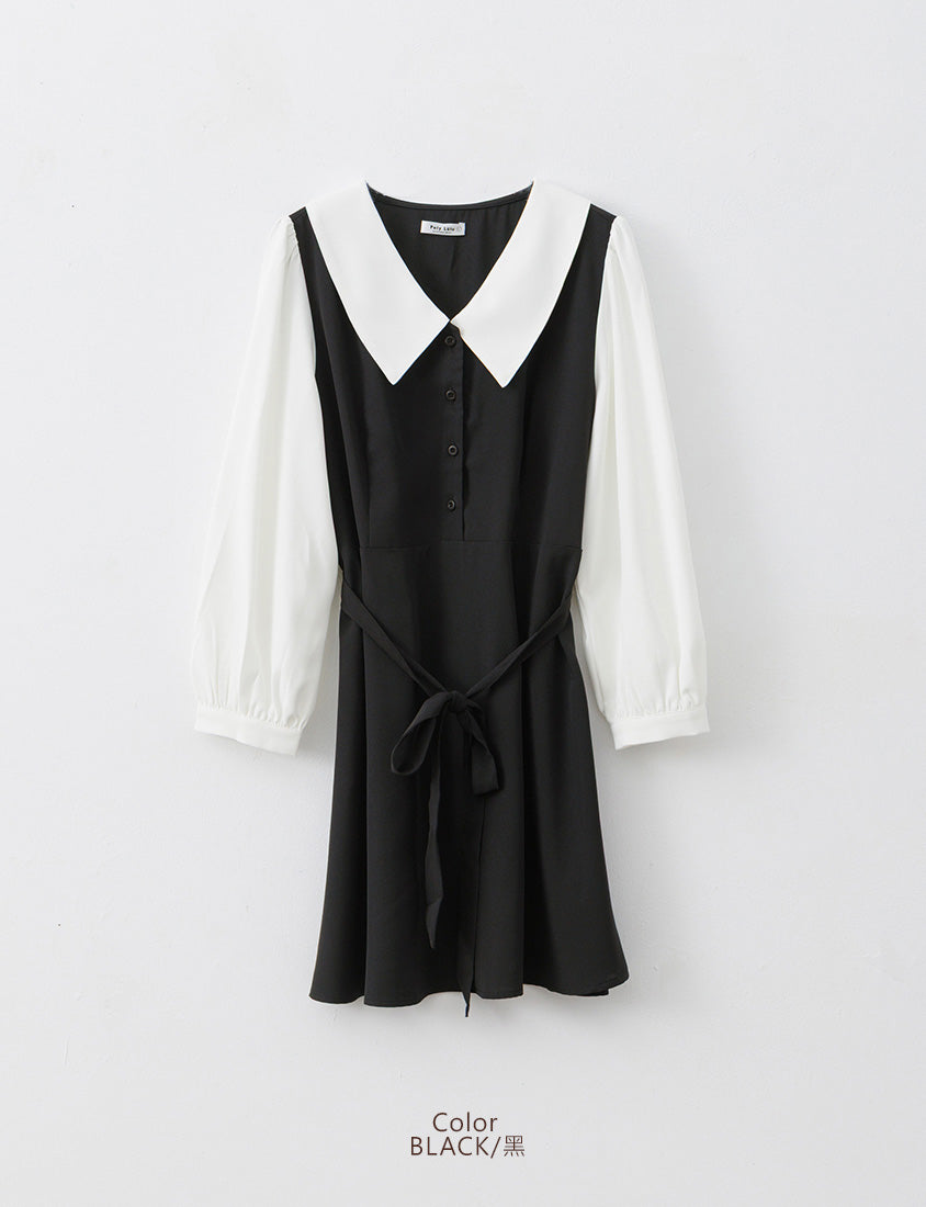 MISS. Faux Two Piece Chiffon Plus Size Long Sleeve Dress (With Waist Tie)