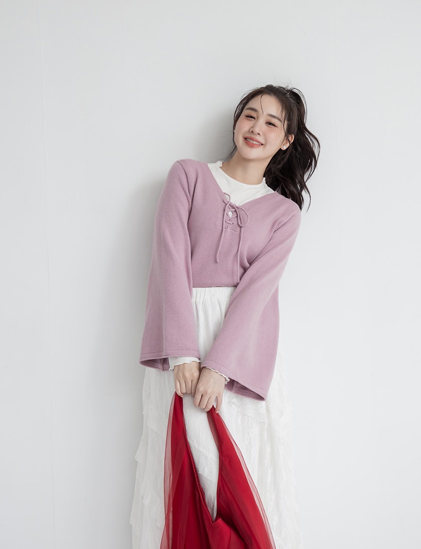 V-Neck Tie Flare Sleeve Plus Size Knit Top