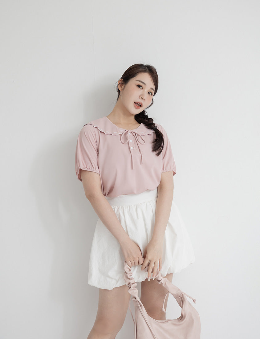 Cute Bow Embroidered Collared Plus Size Top