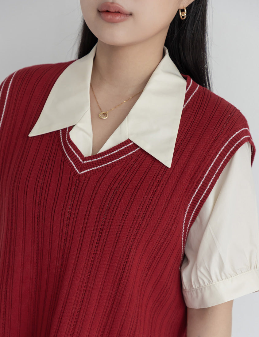 MISS. Korean Style Contrast V-Neck Plus Size Knit Vest