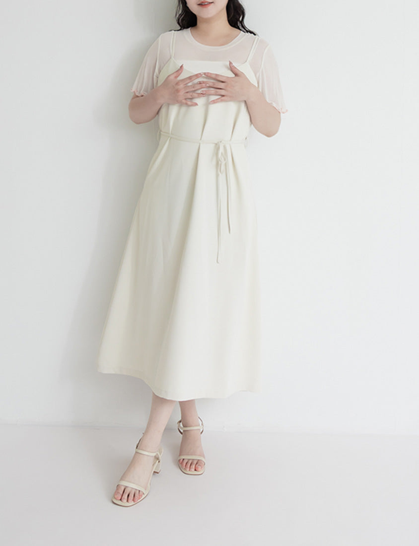 Wrinkle-Resistant A-Line Plus Size Cami Maxi Dress (With Waist Tie)