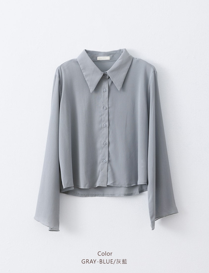 Sheer Crinkle Bell Sleeve Cropped Plus Size Shirt