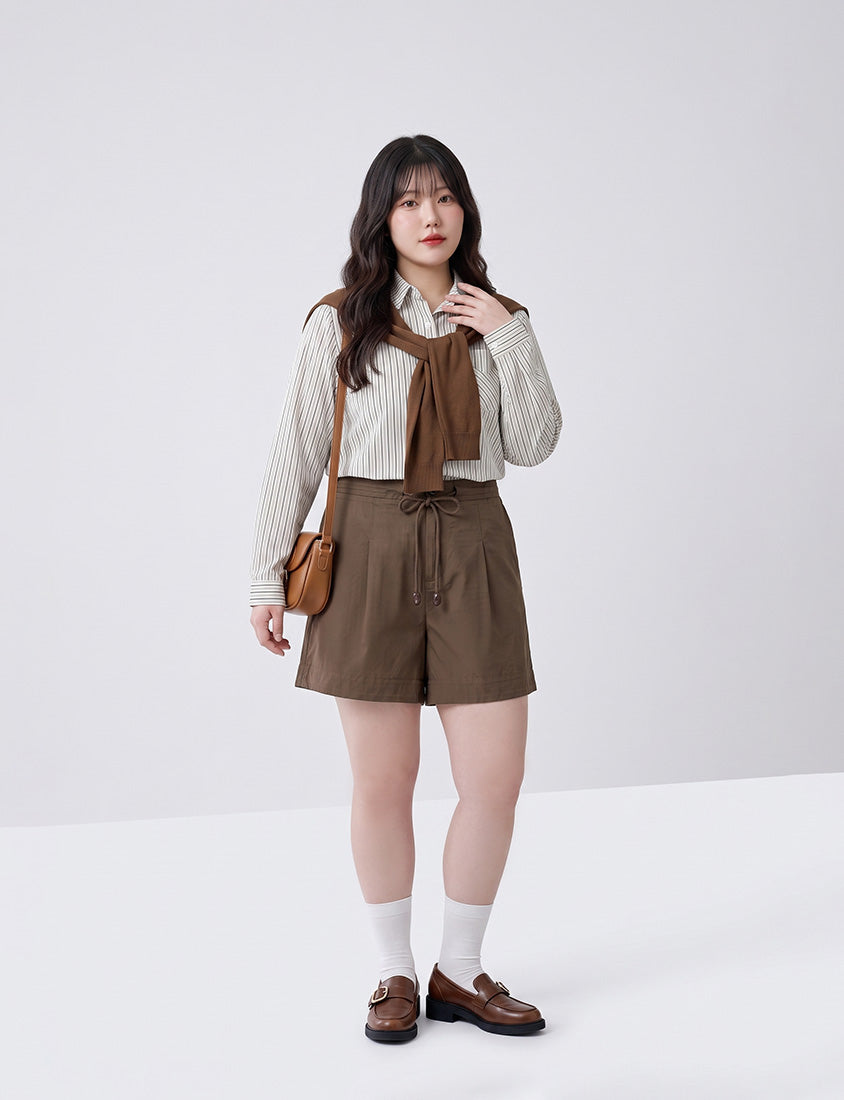 Contrast Stripe Long Sleeve Plus Size Shirt (With Shawl)