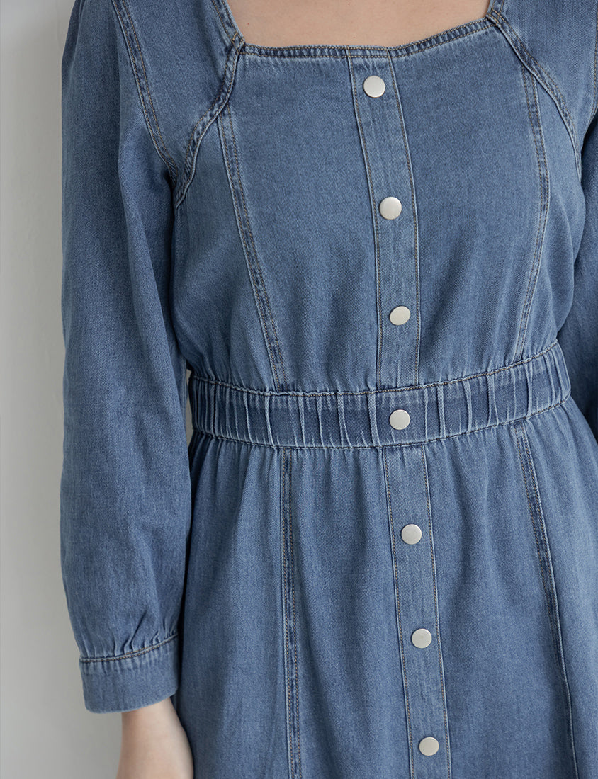 Smock-Waisted Square Neck Faux-Button Denim Plus Size Maxi Dress