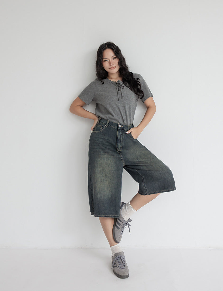 Korean Style Vintage Washed Plus Size Cropped Jeans