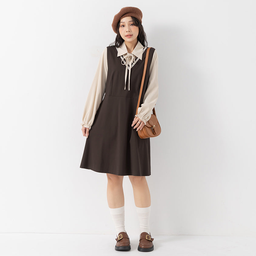 Preppy Contrast Color Faux Two-Piece Plus Size Mini Dress (With Tie)