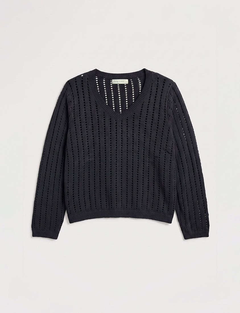 V-Neck Openwork Ribbed Knit Long Sleeve Plus Size Top