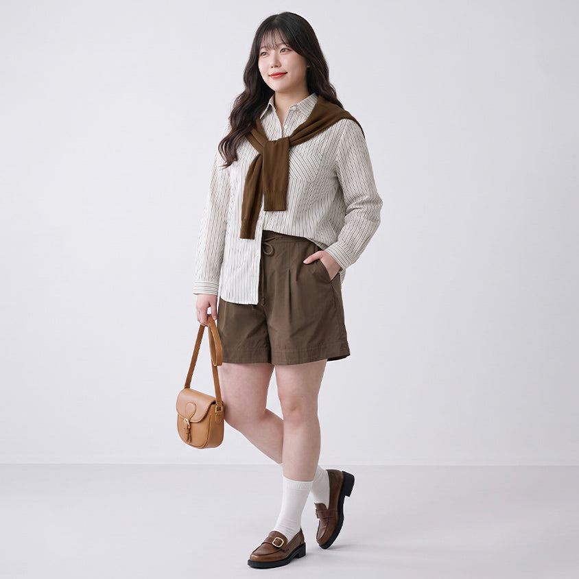 Contrast Stripe Long Sleeve Plus Size Shirt (With Shawl)