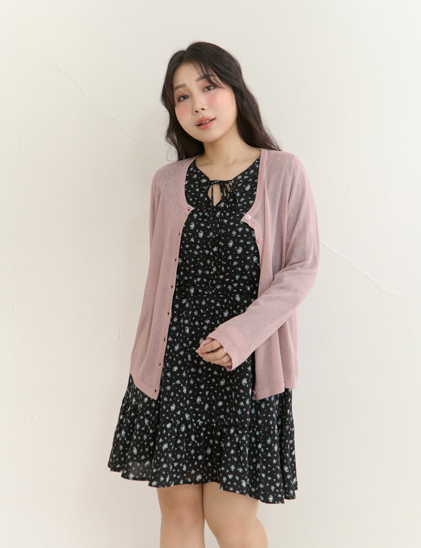 Early Spring Floral Tie-Front Long Sleeve Plus Size Mini Dress