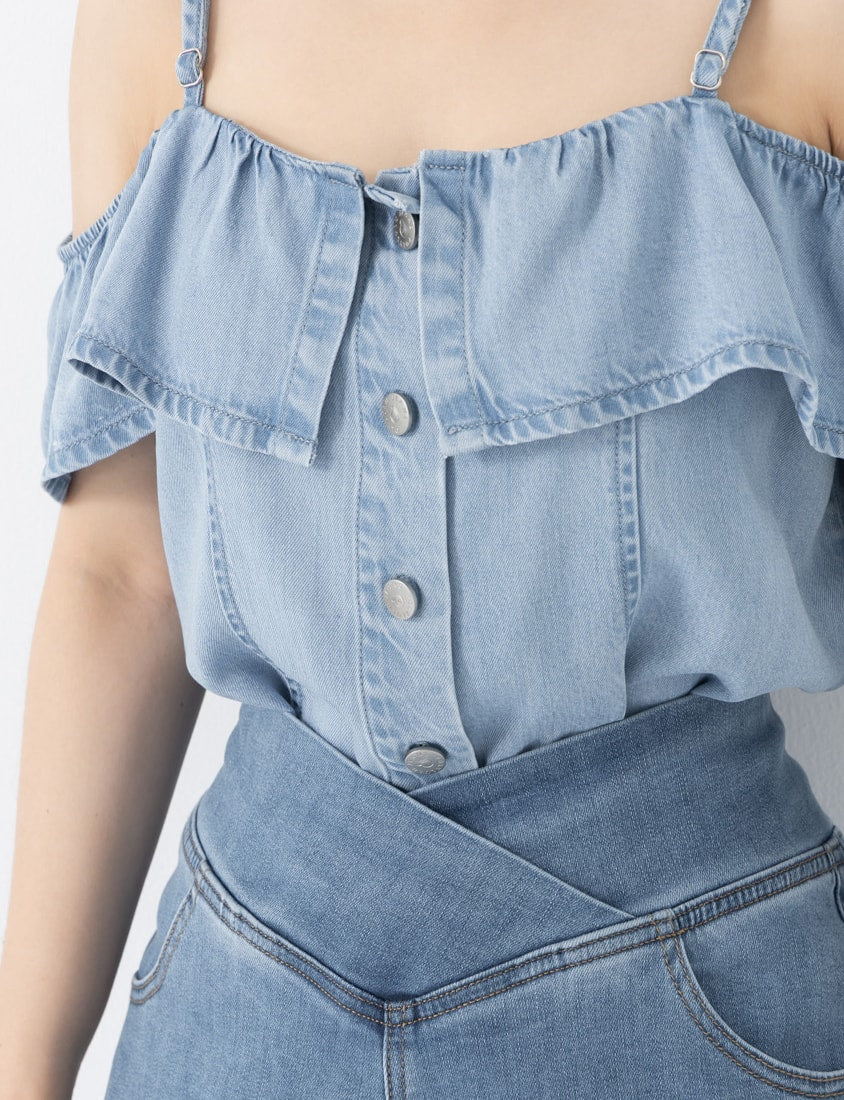 Tencel Silky Denim Ruffle Plus Size Off-Shoulder Top