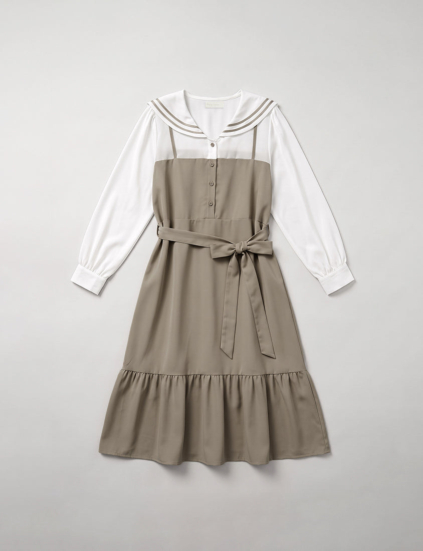 Contrast Sailor Collar Faux Two Piece Plus Size Maxi Dress (With Waist Tie)