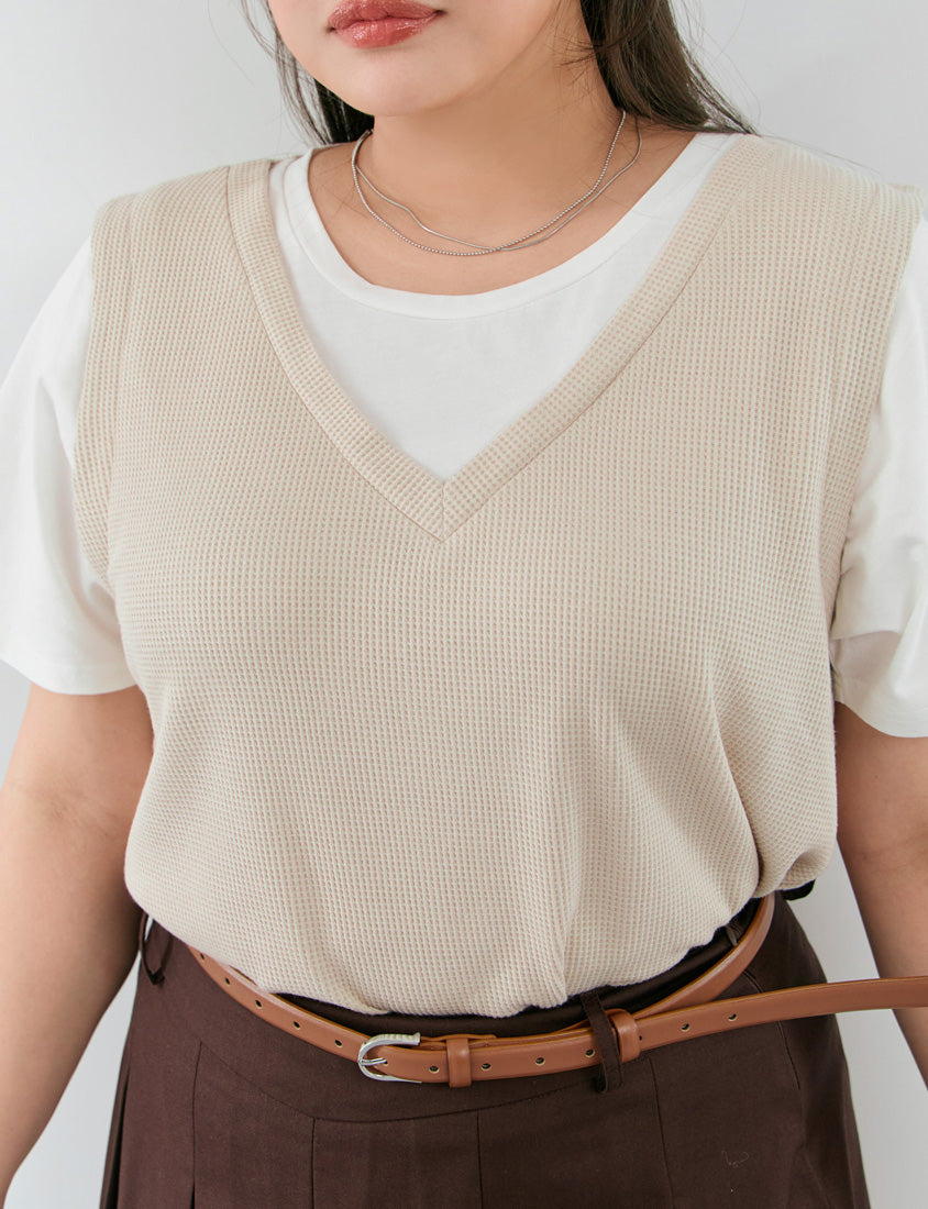 Contrast Waffle Faux Two Piece Plus Size Tee