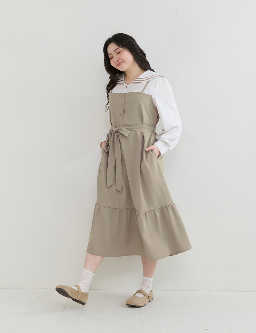 Contrast Sailor Collar Faux Two Piece Plus Size Maxi Dress (With Waist Tie)