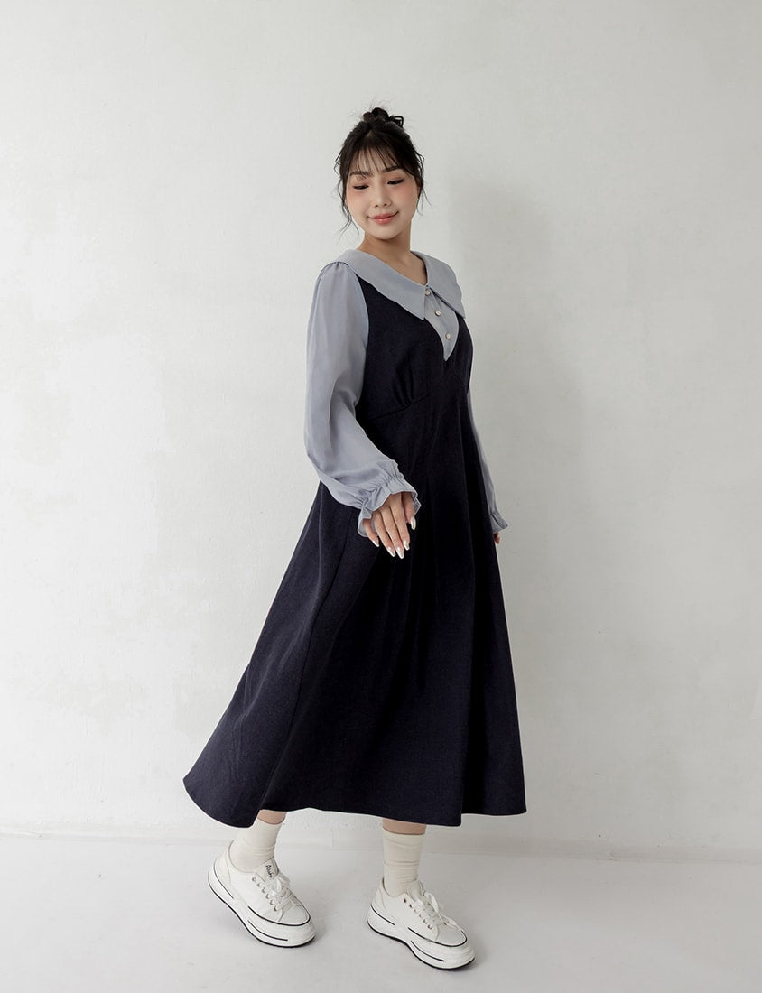 Faux Two Piece Contrast Pearl Button Plus Size Maxi Dress