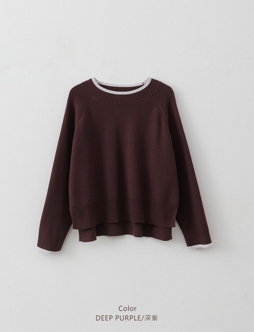 MISS. Versatile Round Neck Side Slit Colorblock Plus Size Knit Top