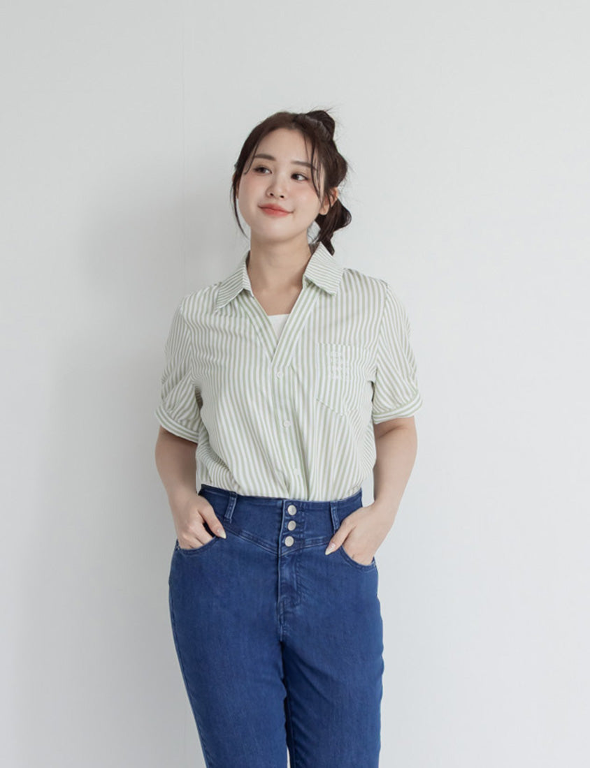 Faux Two Piece Stripe Collar Plus Size Top