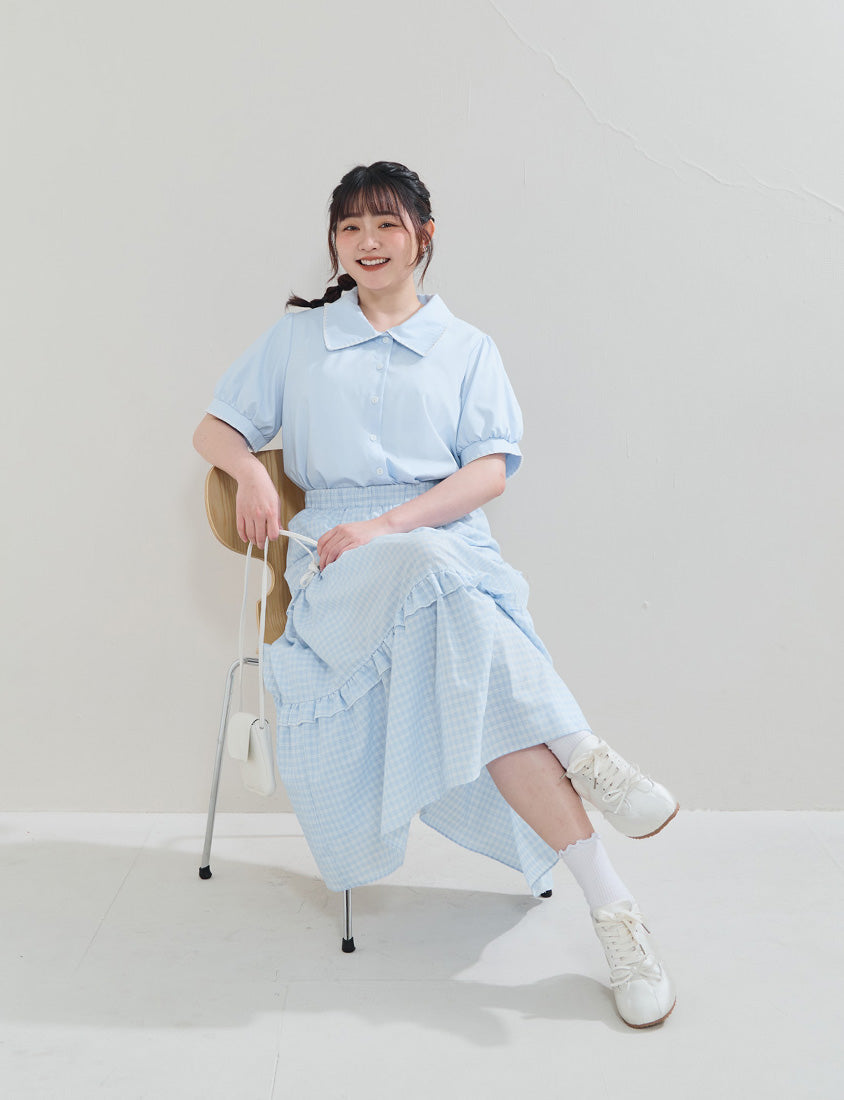 Contrast Embroidered Lace Puff Sleeve Plus Size Shirt