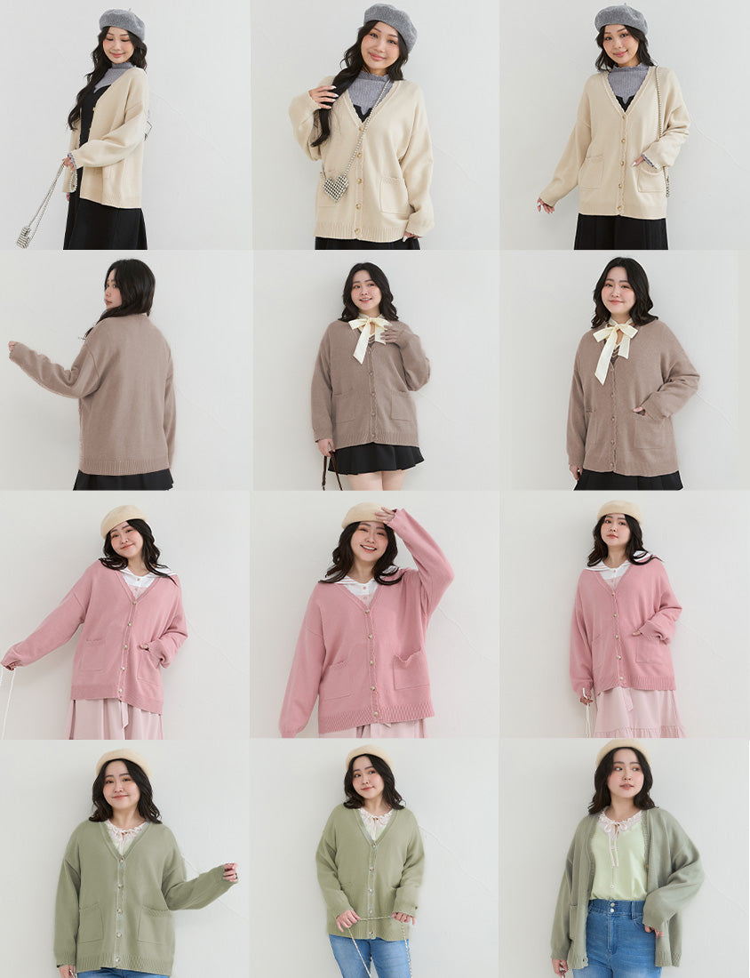 Cute Lettuce Trim V-Neck Knit Plus Size Cardigan