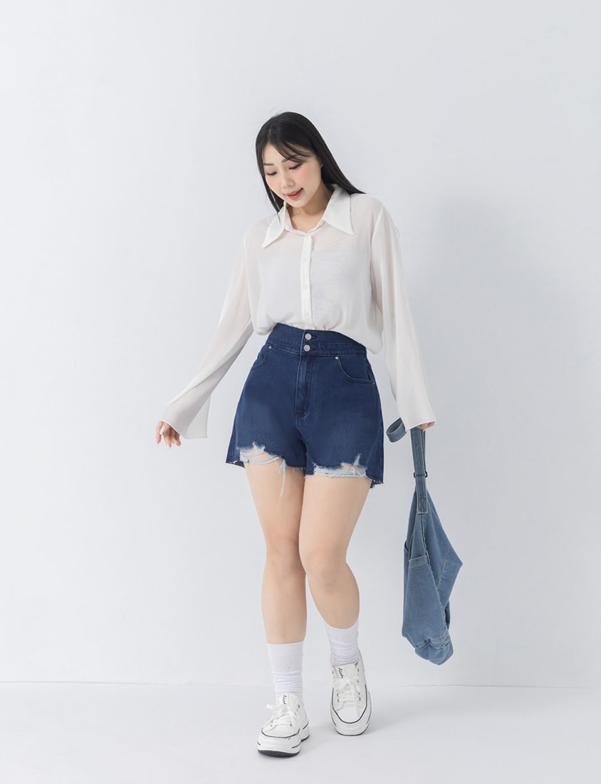 Sheer Crinkle Bell Sleeve Cropped Plus Size Shirt