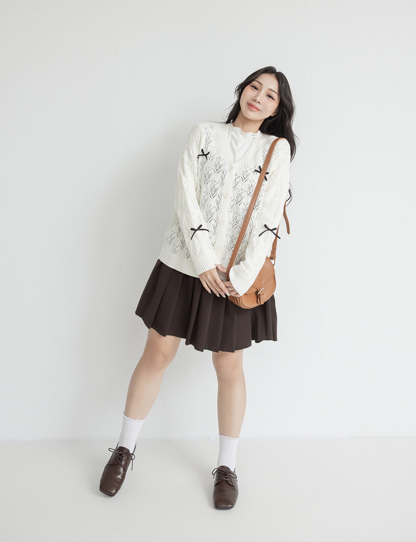 Sweet Bow-Detail Openwork Knit Plus Size Cardigan