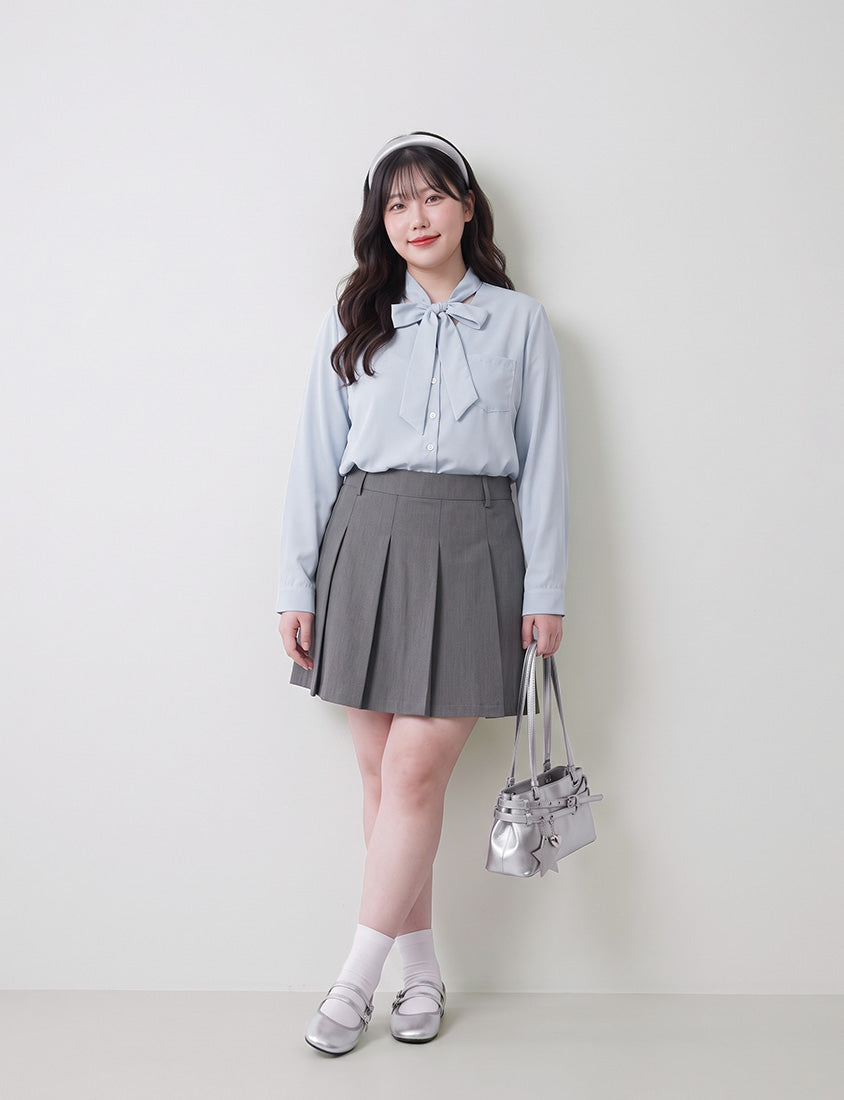 Korean Style Tie Neck Long Sleeve Plus Size Blouse